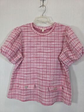 Como Blu Pink Tweed Plaid Puff Sleeve Top Sz L
